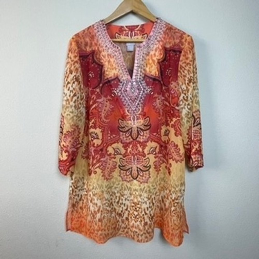 Chicos Womens Orange Paisley Beaded‎ Tunic Top Long Sleeve Size 2
